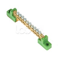 Шина "0" PE 6x9мм 10 отверстий латунь с контактной пластиной 2 зелёных угловых изолятора EKF (sn0-63-10-2-pe)