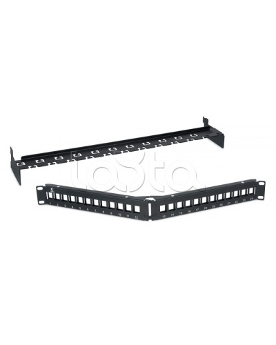 Патч-панель угловая модульная 19, 1U, 24 порта RJ-45, для неэкранированных модулей, с задним кабельным организатором (без модулей) Cabeus PLB-24-CON в Прокопьевске Патч панель Pintop.ru