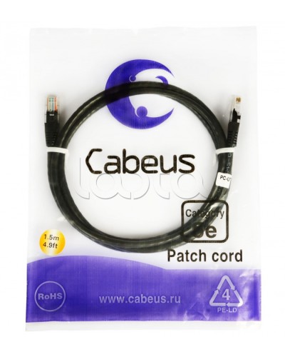 Патч-корд 2xRJ-45/8P8C U/UTP кат.5е (2 м) Cabeus PC-UTP-RJ45-CAT.5E-2M-BK в Прокопьевске Патчкорды (медные) Pintop.ru