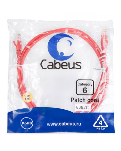 Патч-корд UTP, категория 6, 1.5 м, неэкранированный, красный Cabeus PC-UTP-RJ45-Cat.6-1.5m-RD в Прокопьевске Патчкорды (медные) Pintop.ru